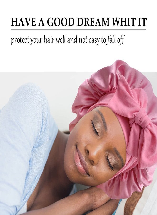 Gili Satin Silk Hair Bonnet for Sleeping Large Bonnets with Tie Band Wrap with Adjustable Straps Night Sleep Caps for Women Curly Braid Hair (Black,Dark Pink) - Image 2